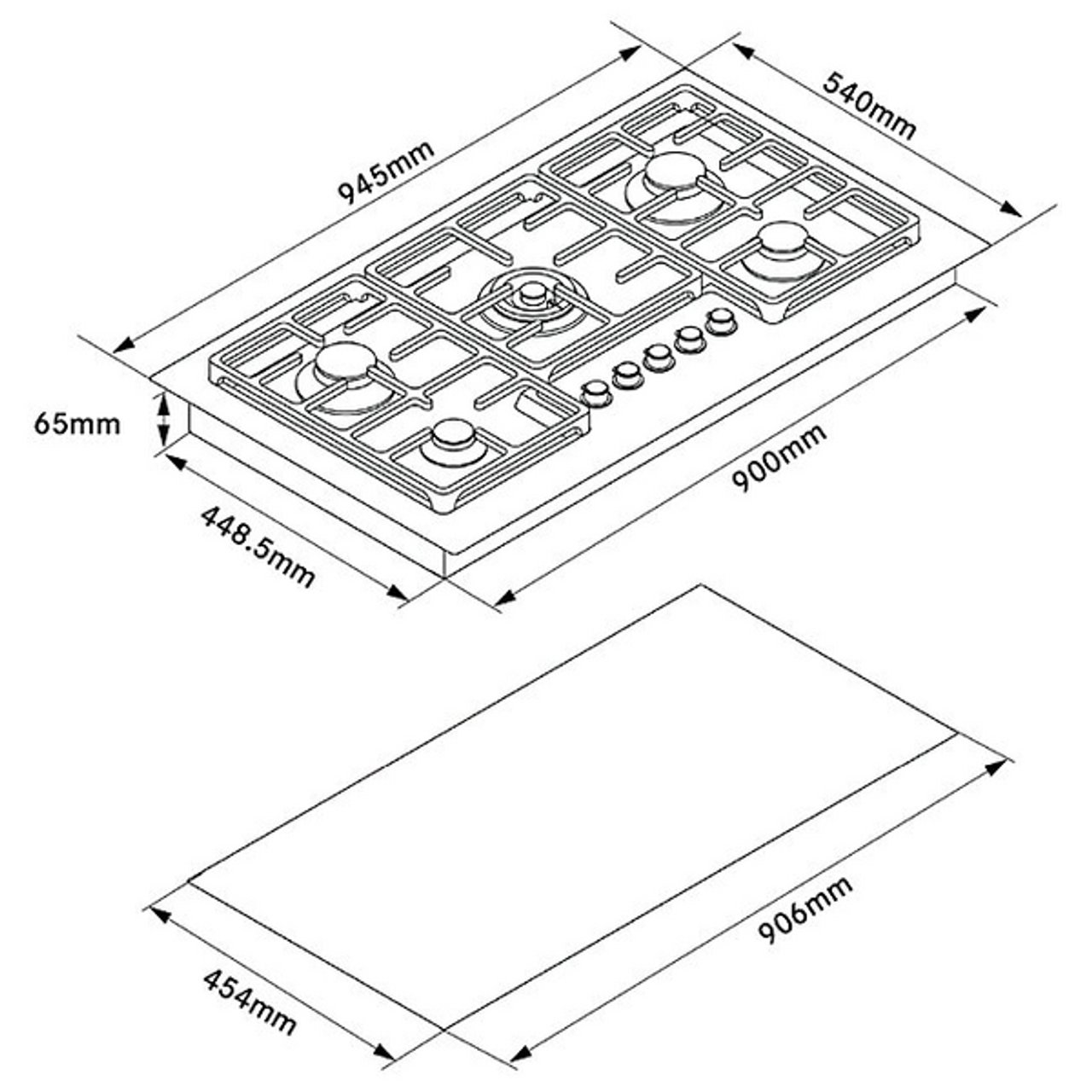 FLG945B1N - 95cm Professional Series LPG Gas Cooktop - Black Ceramic Glass & Stainless Steel