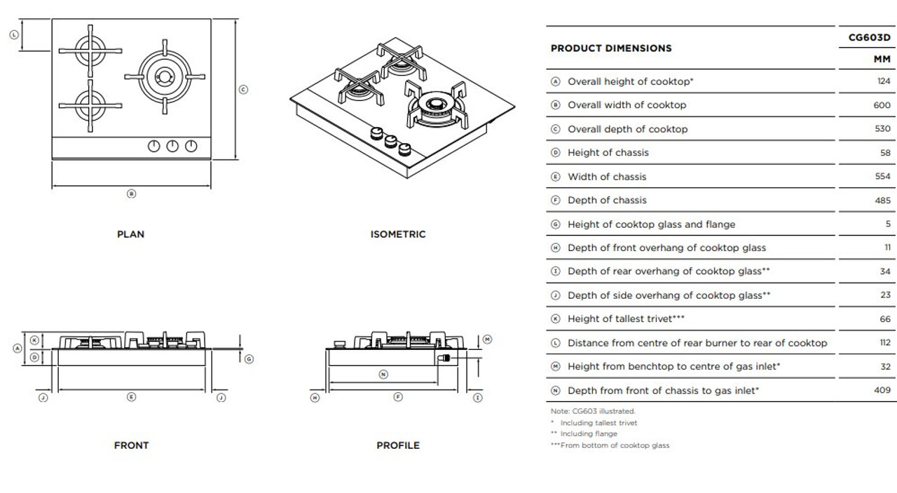 CG603DNGGB4 - 60cm Natural Gas Cooktop -  Black