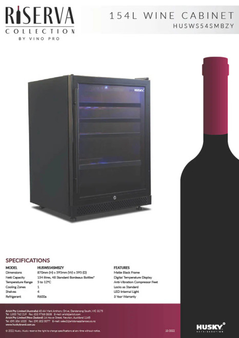 HUSWS54SMBZY - Husky  Riserva 48 Bottle Single Zone Wine Cabinet - Black