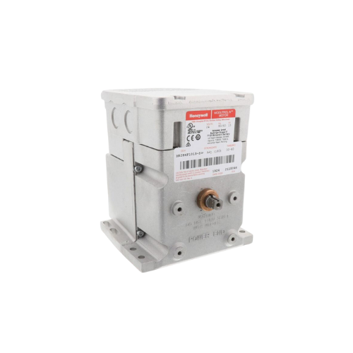 Honeywell M6284F1013-S Floating Modutrol IV Motor for slaving applications, featuring 24Vac, 150 lb-in torque rating, non-spring return, and a floating control signal. Foot-mounted with dual-ended square shaft, it operates in temperatures from -40 to 150°F. Includes a 90-160 degree stroke, NEMA 3 weather protection, 2 internal auxiliary switches, and quick-connect terminals