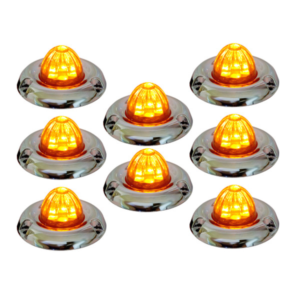Legendary 1-1/2 Inch Glass Watermelon Amber- Amber 3 Wire, 3-Hole Mount W/ Inset Chrome Bezel LED Light- 8 Pack