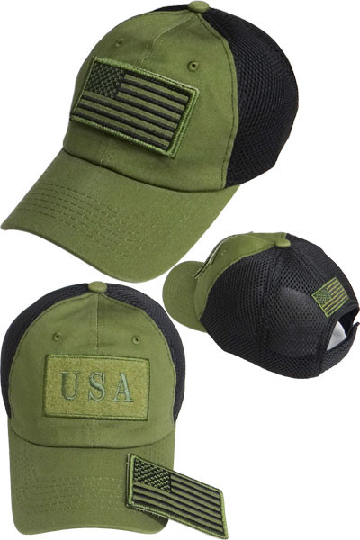 USA Flag Patch Cap Soft Jersey Air Mesh Olive/Black