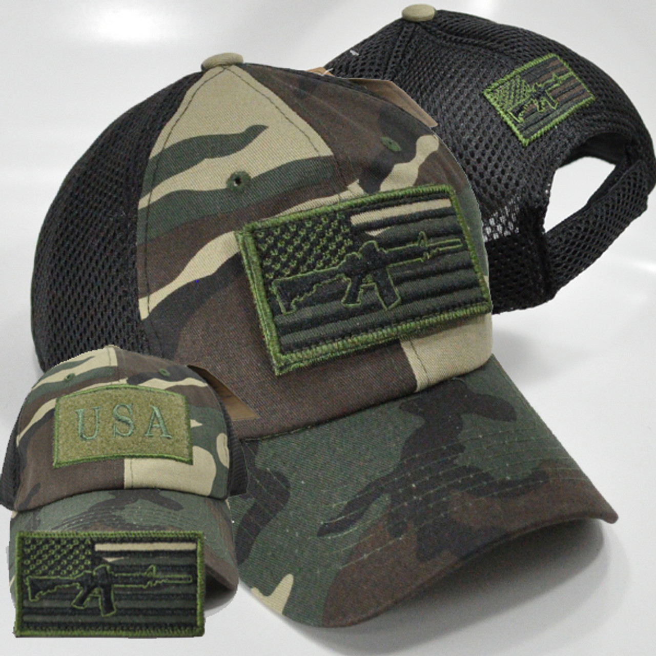 USA Flag Rifle Patch Cap - Soft Jersey Mesh - Woodland Camo