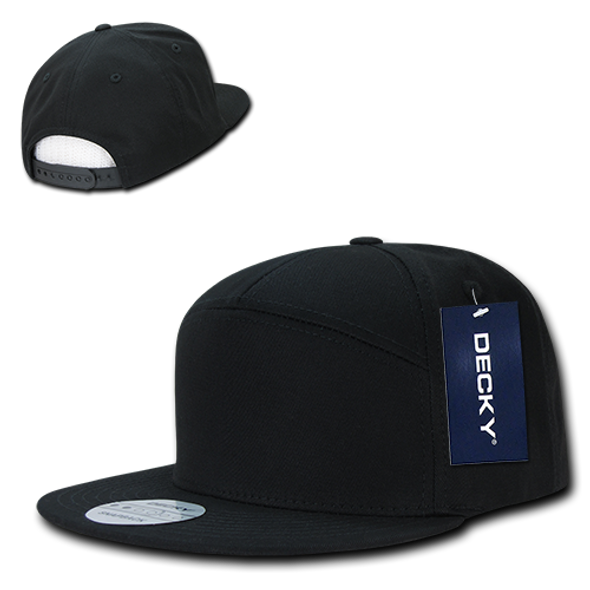 7-Panel Cotton Snapback Cap - Black