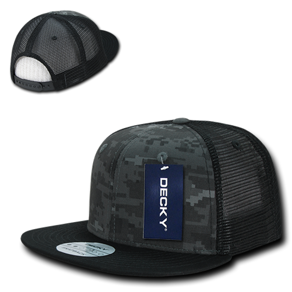 Camo Flat Bill Trucker Cap - Black/Navy Digital Camouflage/Black