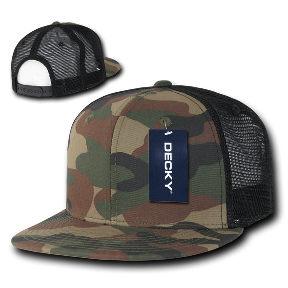 Cotton Flat Bill Trucker Cap - Woodland Camouflage/Woodland Camouflage/Black