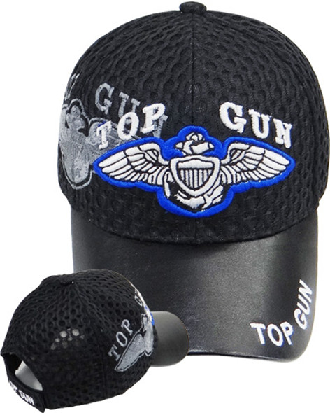 Top Gun Cap - Air Mesh Faux Leather Bill - Black