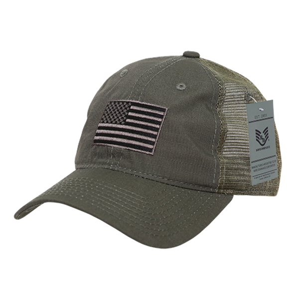 A13 - USA Flag Cap - Ripstop Cotton Trucker Mesh - Olive Drab