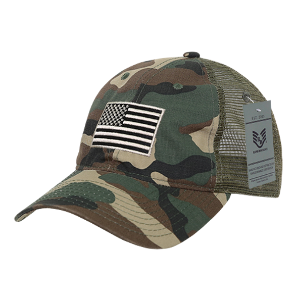 A13 - USA Flag Cap - Ripstop Cotton Trucker Mesh - Woodland Camo