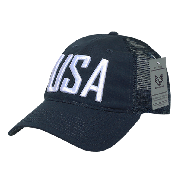 A13 - USA Cap 3-D Text - Ripstop Cotton Trucker Mesh - Dark Blue