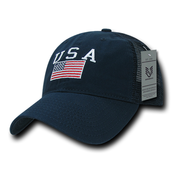 A05 - USA Flag Cap - Relaxed Cotton & Trucker Mesh - Dark Blue