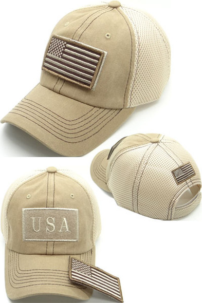 USA Flag Patch Cap - Soft Jersey Air Mesh - Washed Khaki