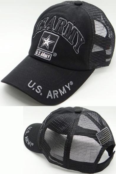 U.S. Army Cap - Army Star Logo - USA Flag Subdued - Cotton/Air Mesh - Black