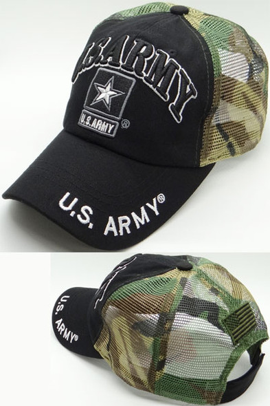 U.S. Army Cap - Army Star Logo - USA Flag Subdued - Cotton/Air Mesh - Black/Woodland Camo