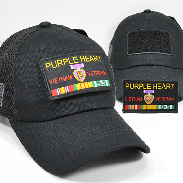 Purple Heart Vietnam Veteran Cap - Detachable Patch - Cotton/Mesh - Black
