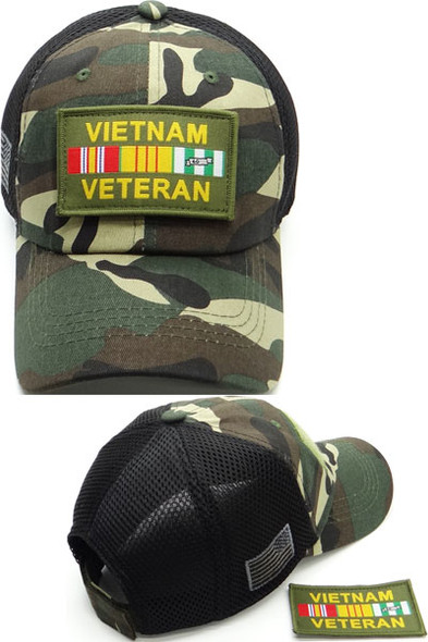 Vietnam Veteran Cap - Detachable Patch - Cotton/Mesh - Woodland Camo/Black