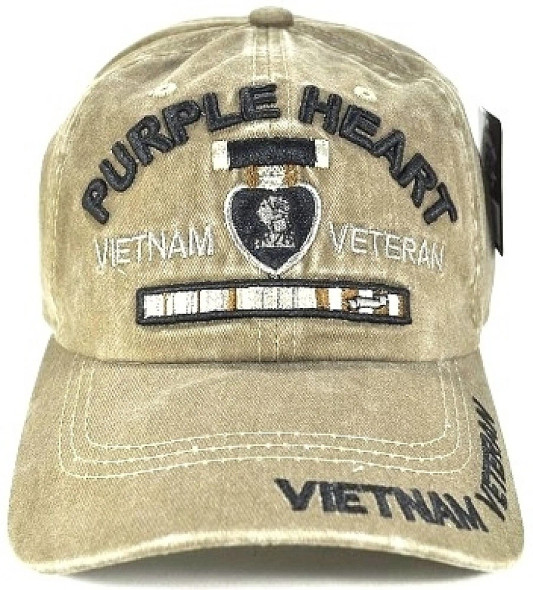 Purple Heart Vietnam Veteran Cap  - Cotton Washed Khaki