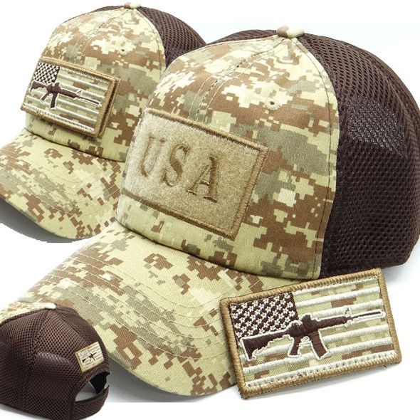 USA Flag Rifle Patch Cap - Soft Jersey Mesh - Desert Digital Camo/Brown