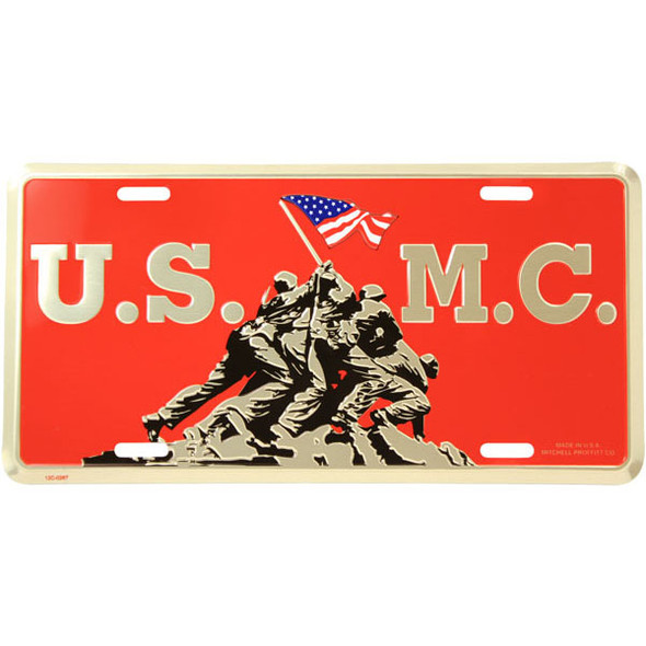 LM08 - USMC Raising USA Flag at Iwo Jima License Plate - Made in USA - Red/Gold