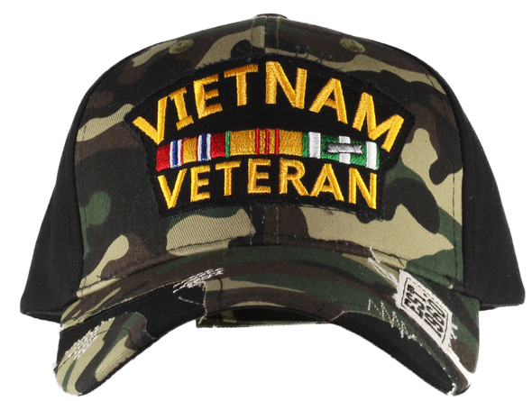40395 - Vietnam Veteran Cap Distressed - Woodland Camo/Black