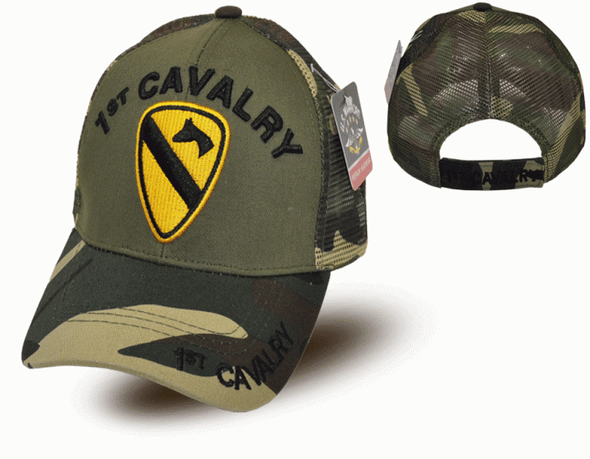 1st Cavalry Division Cap - Cotton/Trucker Air Mesh - Olive/Woodland Camo