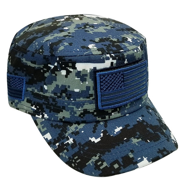 Military Style Flat Top Cadet Patrol Cap  - USA Flag Patch - Blue Digital Camo