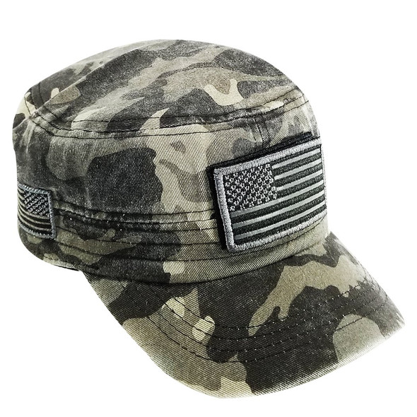 Military Style Flat Top Cadet Patrol Cap  - USA Flag Patch - Black Washed Camo
