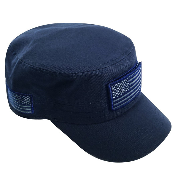 Military Style Flat Top Cadet Patrol Cap  - USA Flag Patch - Navy Blue