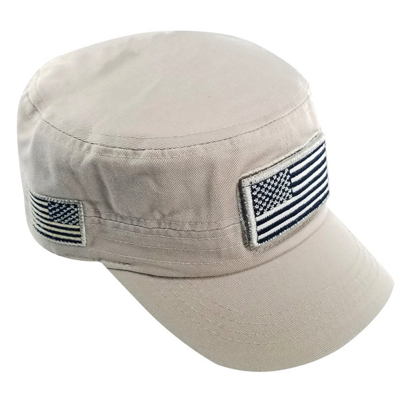 Military Style Flat Top Cadet Patrol Cap  - USA Flag Patch - Khaki