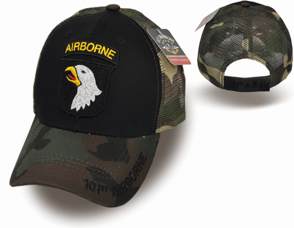 101st Airborne Cap - Trucker Air Mesh - Black/Woodland Camo