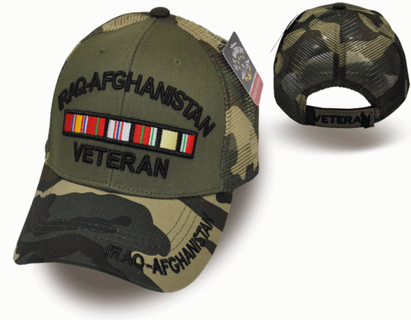 Iraq Afghanistan Veteran Cap - Trucker Air Mesh -  Olive/Woodland Camo