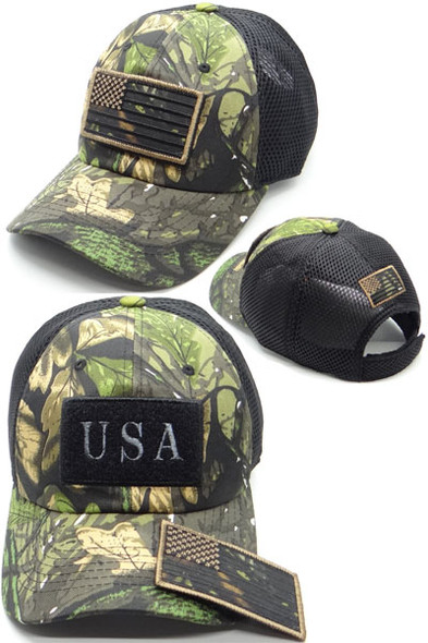 USA Flag Patch Cap Subdued - Soft Jersey Air Mesh - Tree Camo/Black