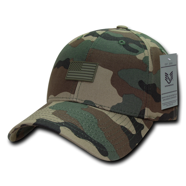 A07 - USA Cap - Rubber USA Flag - Cotton - Structured - Woodland Camouflage