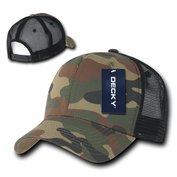 Cotton Curved Billl  Trucker Cap - Woodland Camouflage/Woodland Camouflage/Black