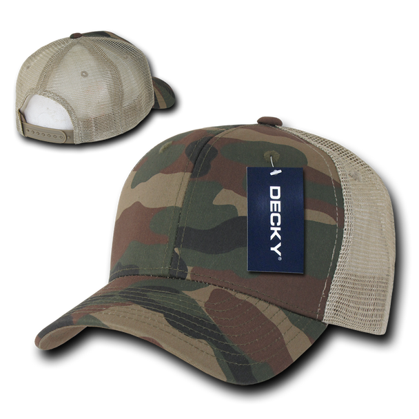 Cotton Curved Billl  Trucker Cap - Woodland Camouflage/Woodland Camouflage/Khaki