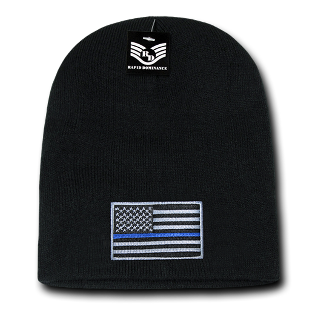 Thin Blue Line USA Flag Beanie Cap Cuffless - Black