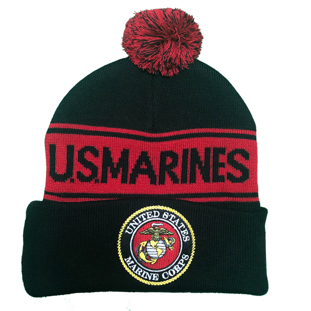 36237 - U.S. Marines Knit Beanie Hat with Pom Pom - Black/Red