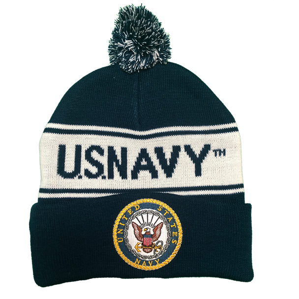 36251 - U.S. Navy Knit Beanie Hat with Pom Pom - Navy/White