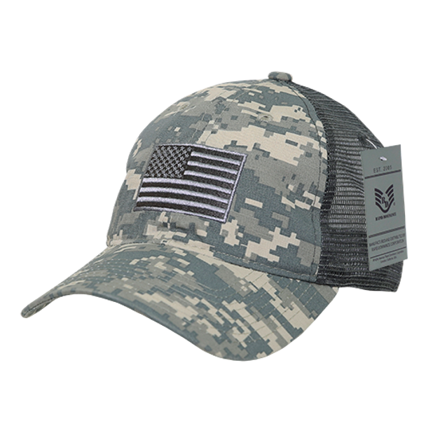 A13 - USA Flag Cap - Ripstop Cotton Trucker Mesh - ACU Camo