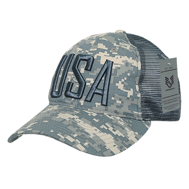 A13 - USA Cap 3-D Text - Ripstop Cotton Trucker Mesh - ACU Camo