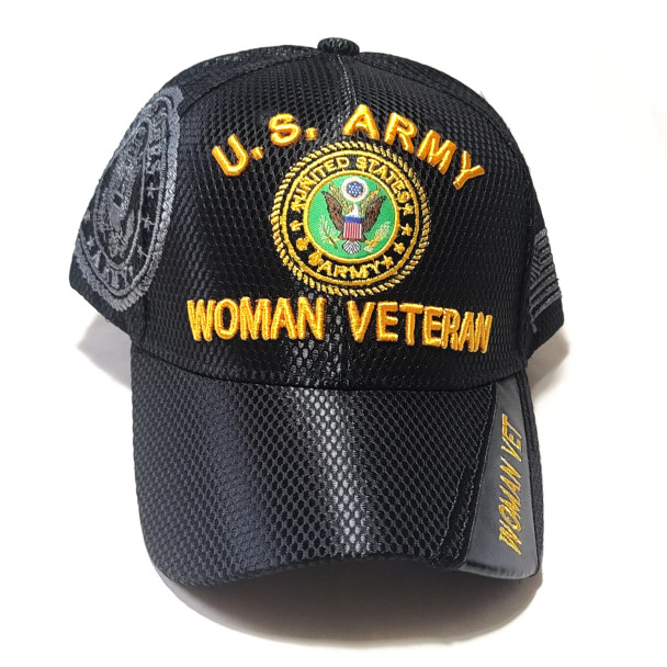 U.S. Army Woman Veteran Cap Emblem Shadow - Shiny Air Mesh - Black