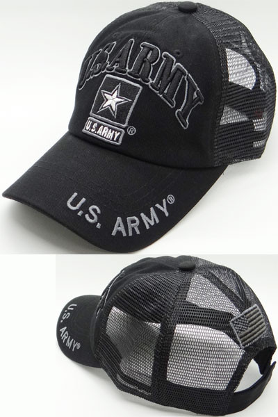 U.S. Army Cap - Army Star Logo - USA Flag Subdued - Cotton/Air Mesh - Black