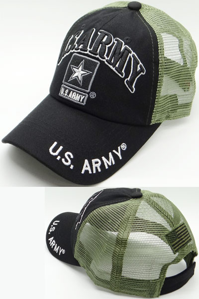 U.S. Army Cap - Army Star Logo - USA Flag Subdued - Cotton/Air Mesh - Black/Olive