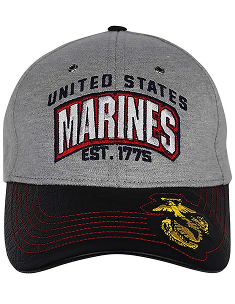 U.S. Marines Cap - Jersey Knit/Faux Leather Bill - Grey/Black