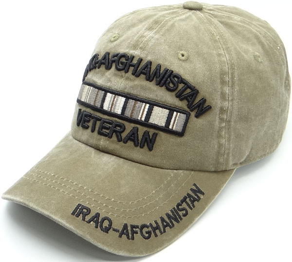 Iraq Afghanistan Veteran Cap Subdued Service Ribbons - Cotton Washed Khaki