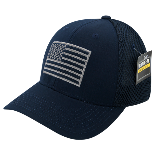 T110 - Ripstop Air Mesh Flex Tactical Cap - USA Flag Patch - Navy Blue