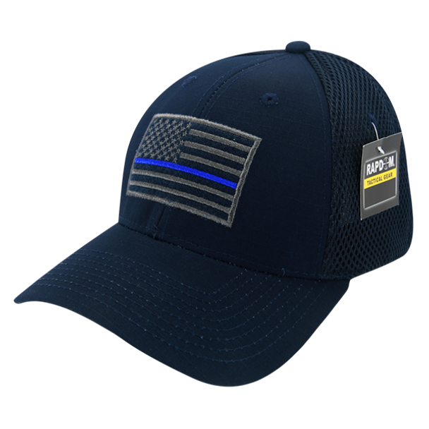 T110 - Ripstop Air Mesh Flex Tactical Cap - Thin Blue Line USA Flag Patch - Navy Blue