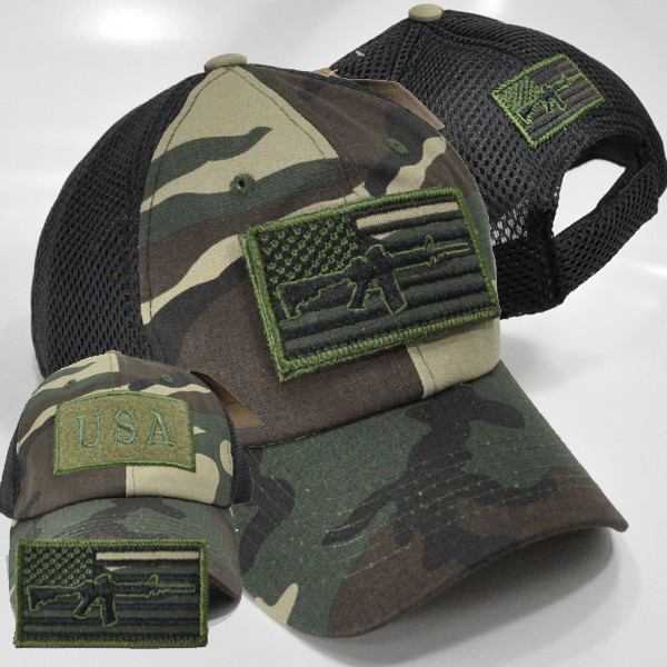 USA Flag Rifle Patch Cap - Soft Jersey Mesh - Woodland Camo - U.S.