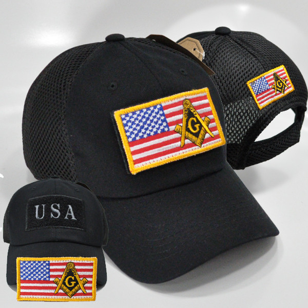 USA Flag Masonic Patch Cap - Poly Cotton Soft Jersey Mesh - Black
