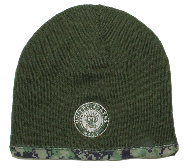 U.S. Navy Emblem Beanie Skull Cap - Reversible Navy/Green Digital Camo